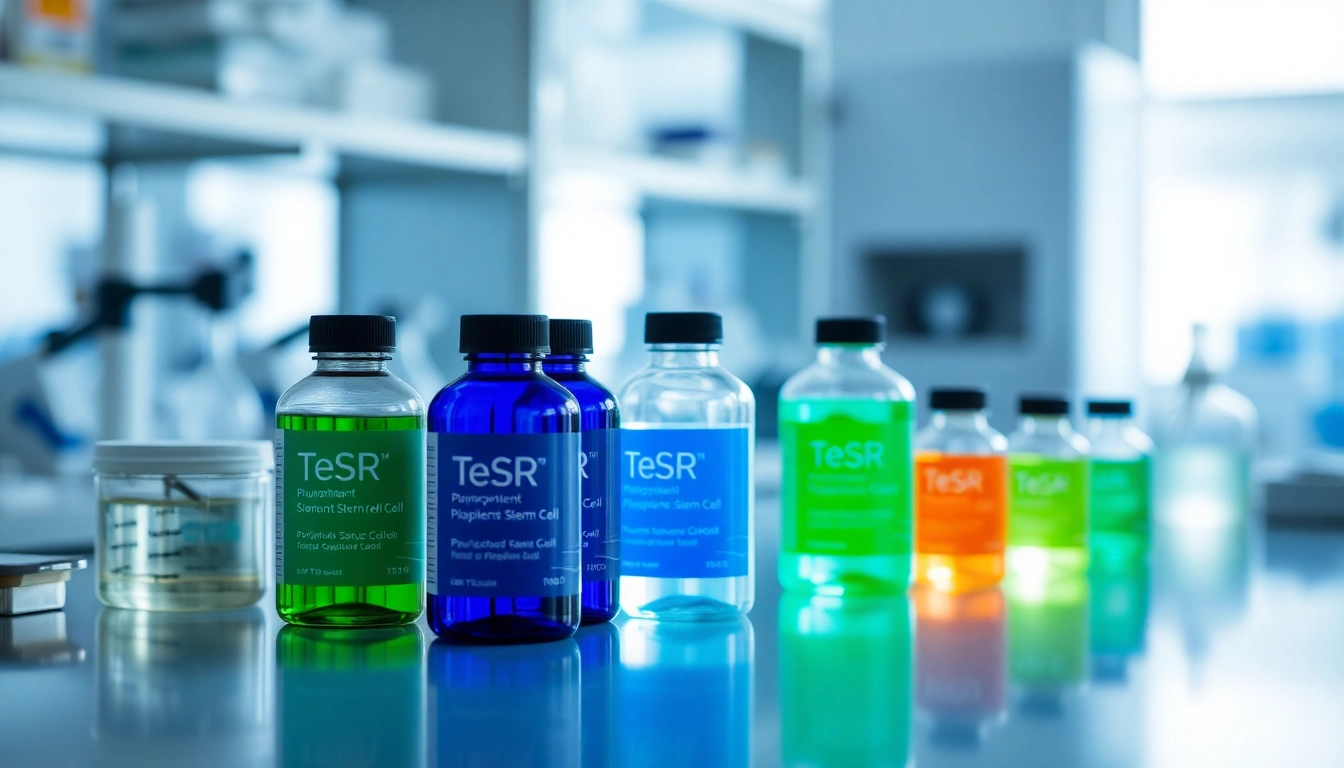 Showcase all check TeSR™ culture media bottles in a lab setting, highlighting scientific expertise and precision.