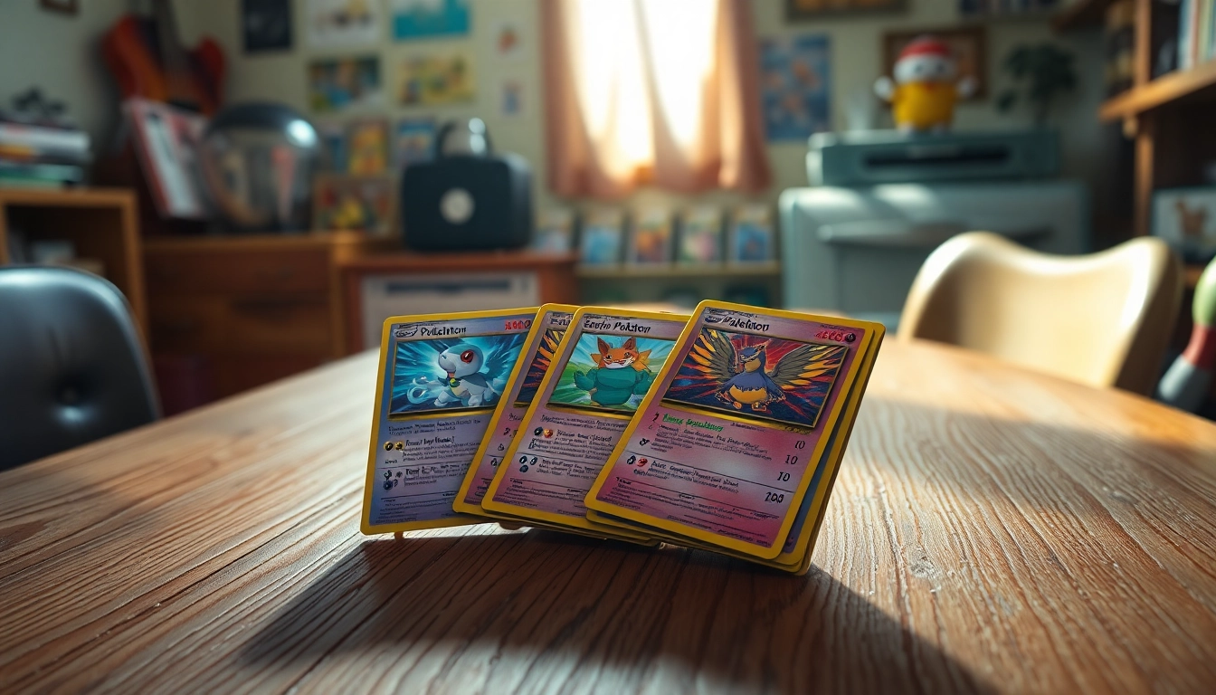 Showcasing real Pokemon cards with vibrant artwork on a textured surface.