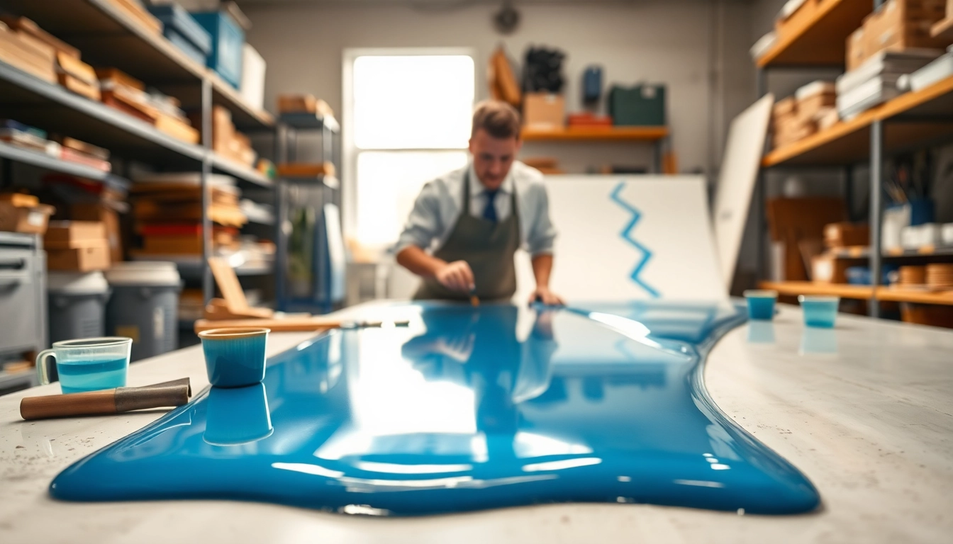 Laminating resin application depicted in a workshop with skilled artisan in focus.