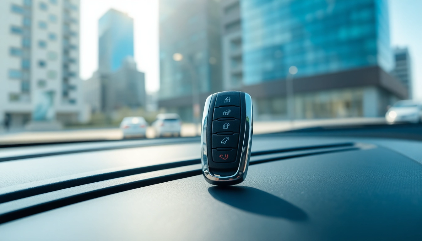 Keyless Carkeys prominently displayed on a stylish car dashboard in bright lighting.