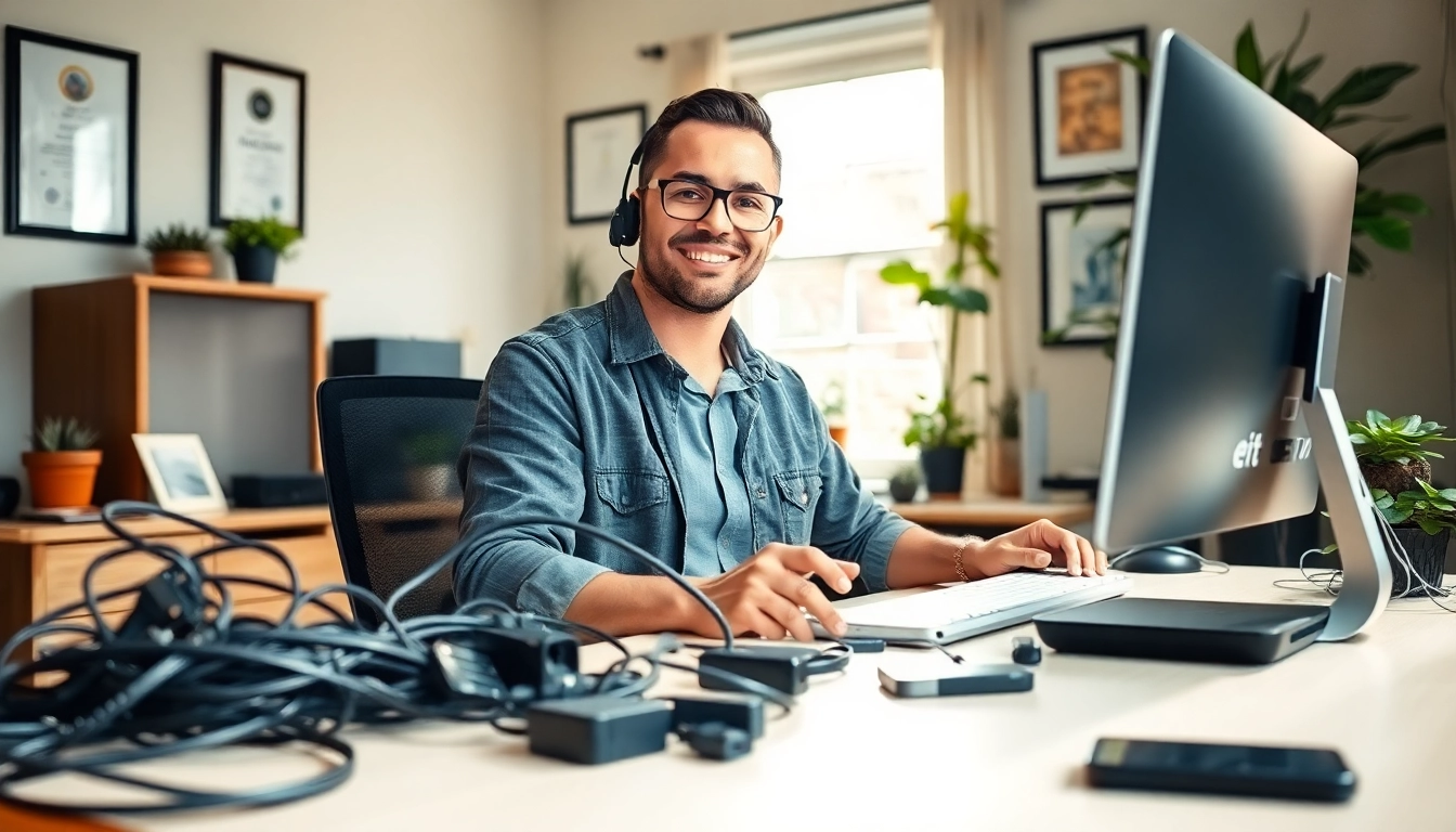 Technician assisting with residential IT support in a home office, showcasing a professional and friendly atmosphere.