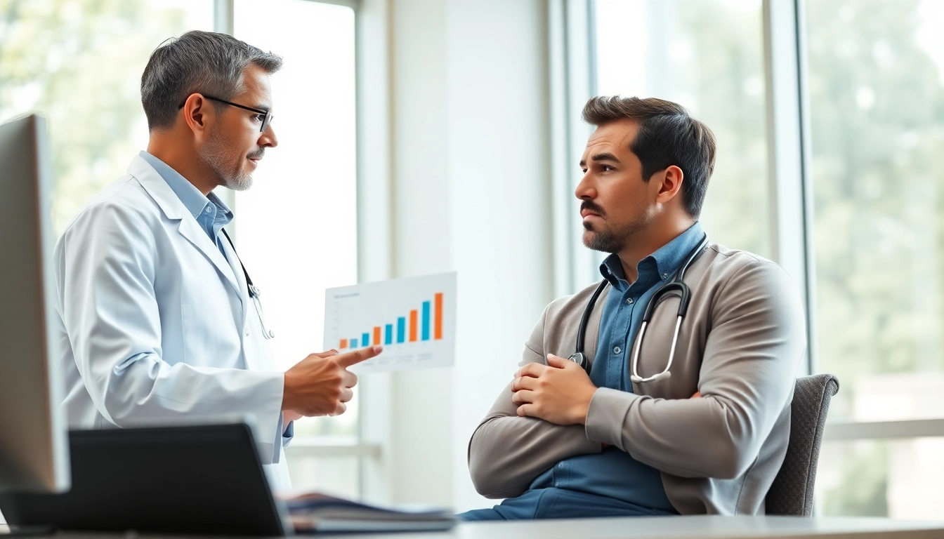 Consulting during Testosterone Replacement Therapy session with a doctor and patient in a clinic.