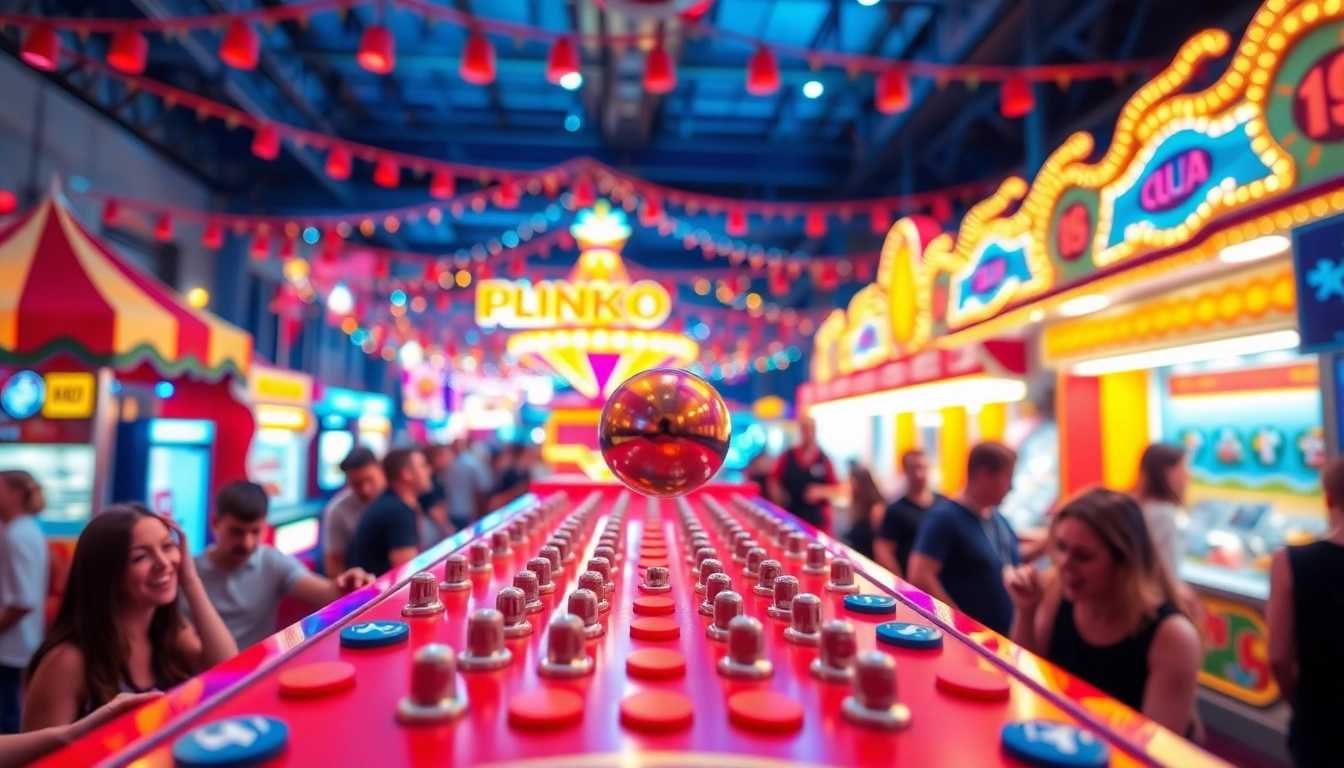Permainan Plinko yang meriah dengan warna cerah dan pemain yang bersemangat.