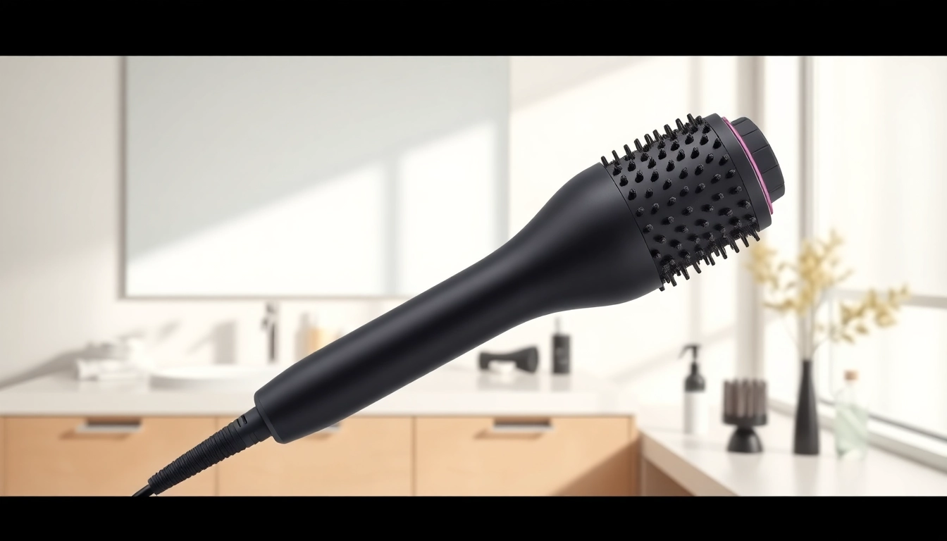 Using Hair Dryer Brush 7 in 1 for versatile hair styling in a modern bathroom.