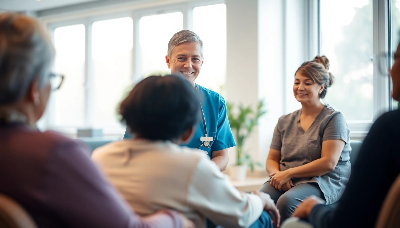 Nurse guiding individuals in a rehabilitation setting related to VDAP support programs.