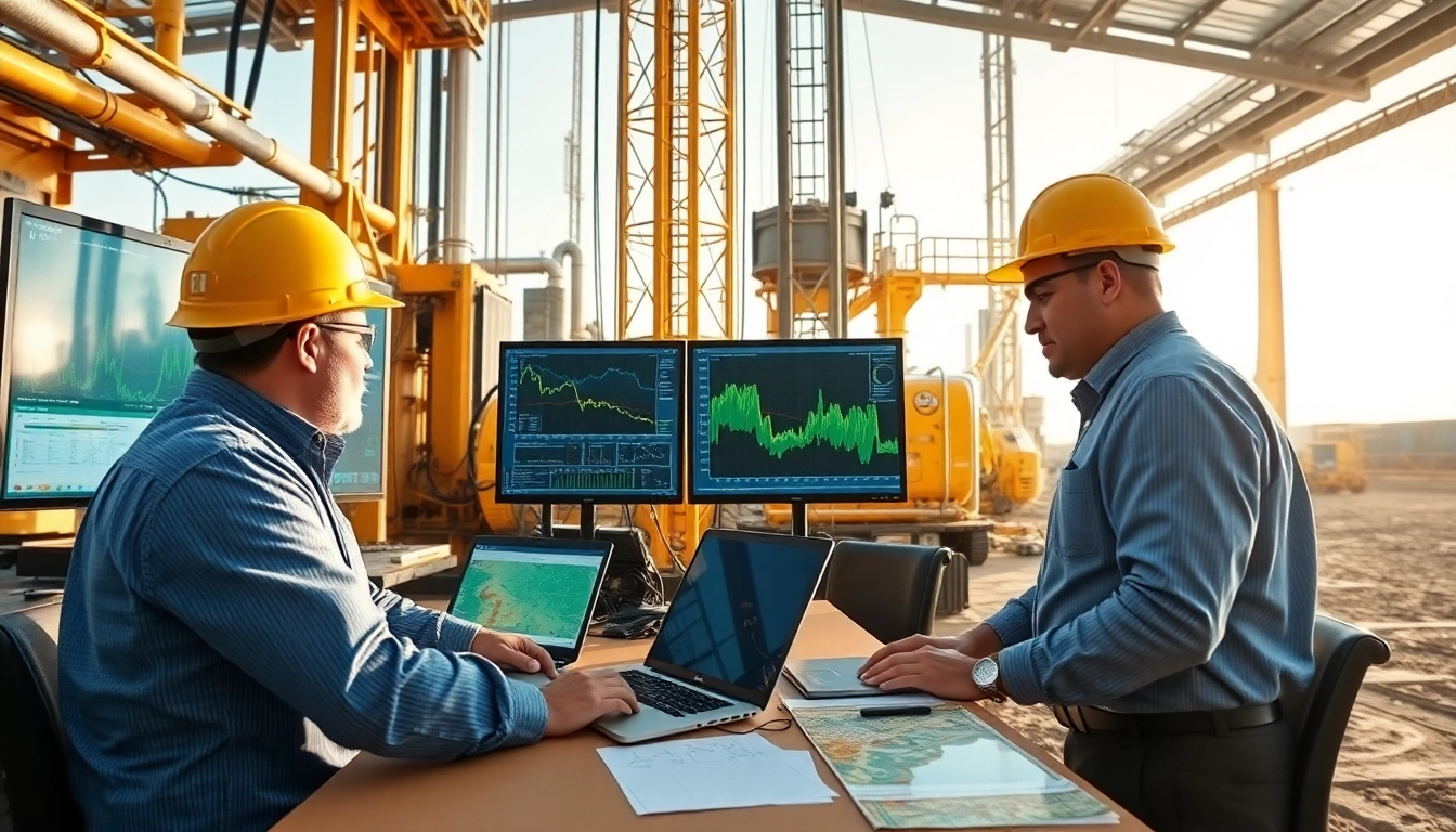 Engineers at www.geosteeringvision.com analyzing geosteering data in a high-tech drilling environment.