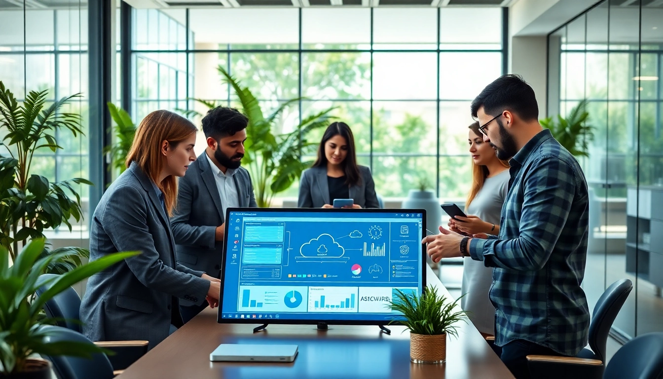Streamlining cloud infrastructure and DevOps services with modern team collaboration in a dynamic office.