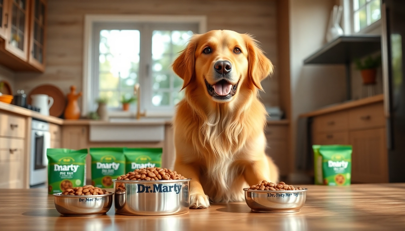 Healthy golden retriever enjoying dr marty pet food canada in a bright kitchen setting with natural light.