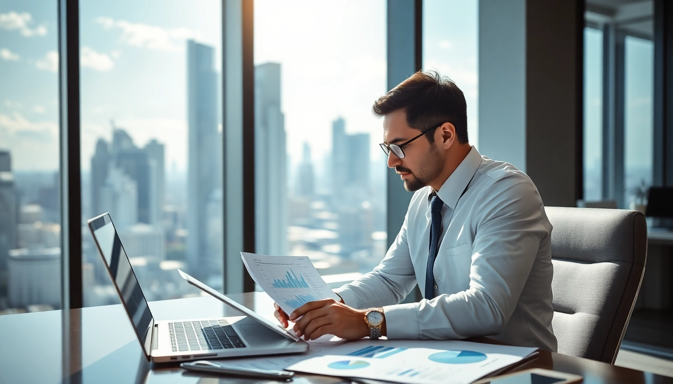 Analyze trends in the dallas hedge fund market with a focused professional in a sleek office.