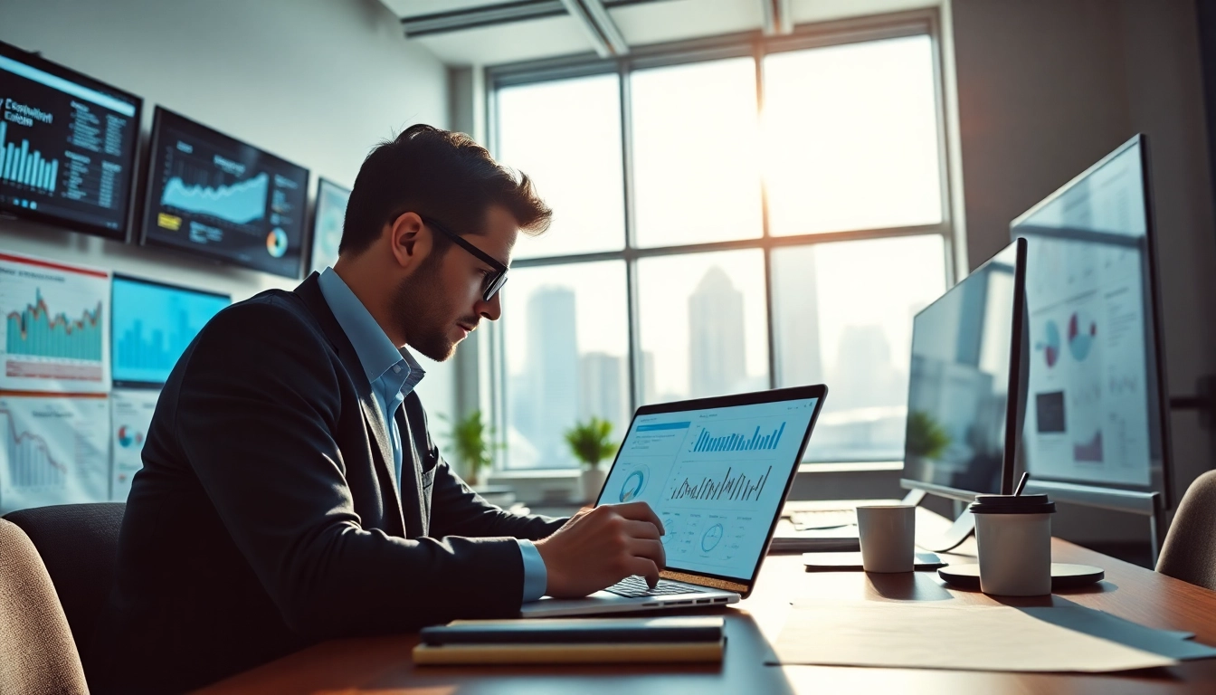 Analyze competitive intelligence data with a professional analyst in a modern office.