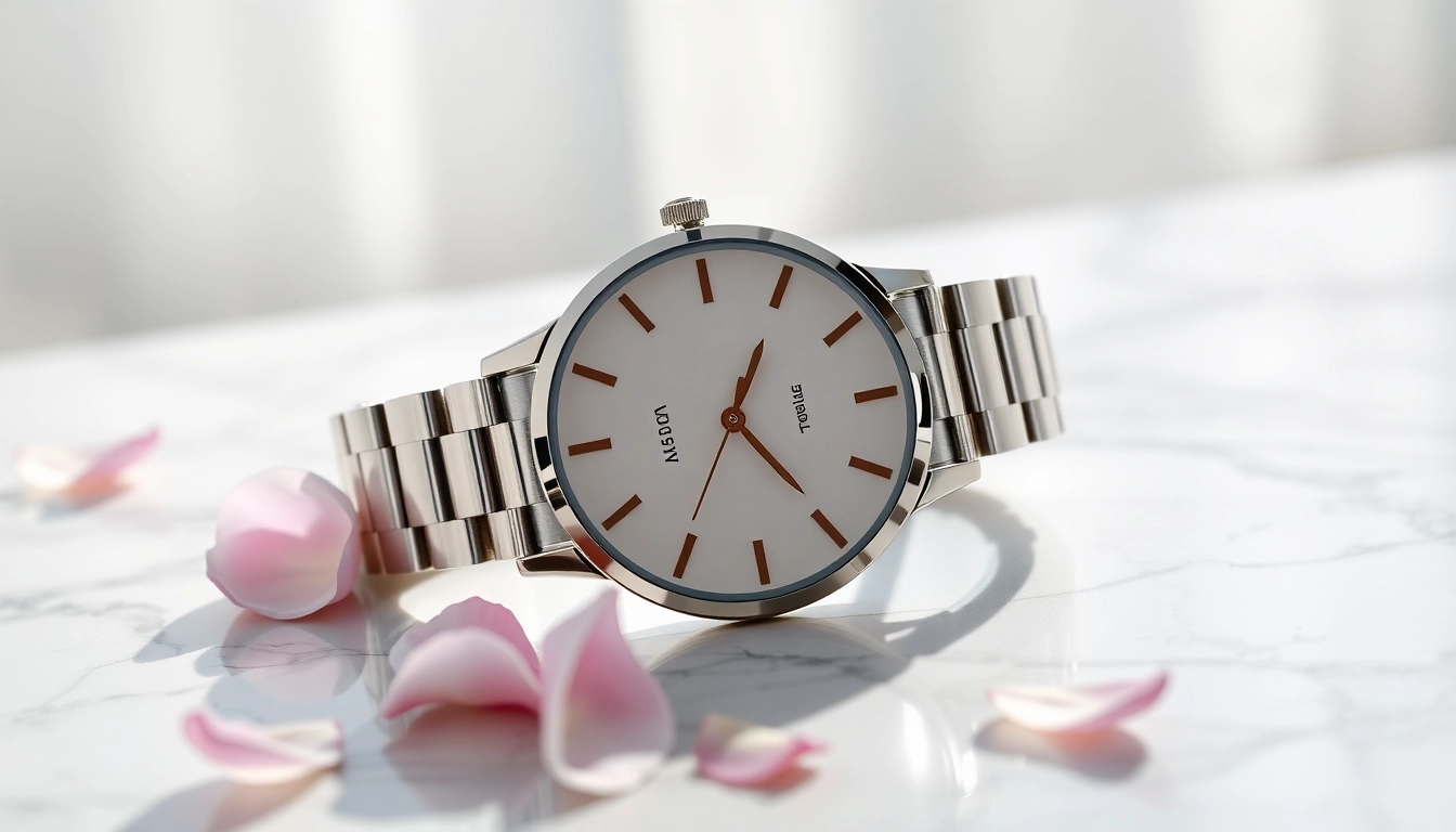 Finde die perfekte Damen Armbanduhr in eleganter Präsentation mit floralem Akzent.