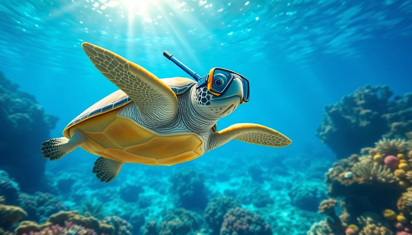 Sea turtle using a turtle snorkel while swimming among colorful coral reefs.
