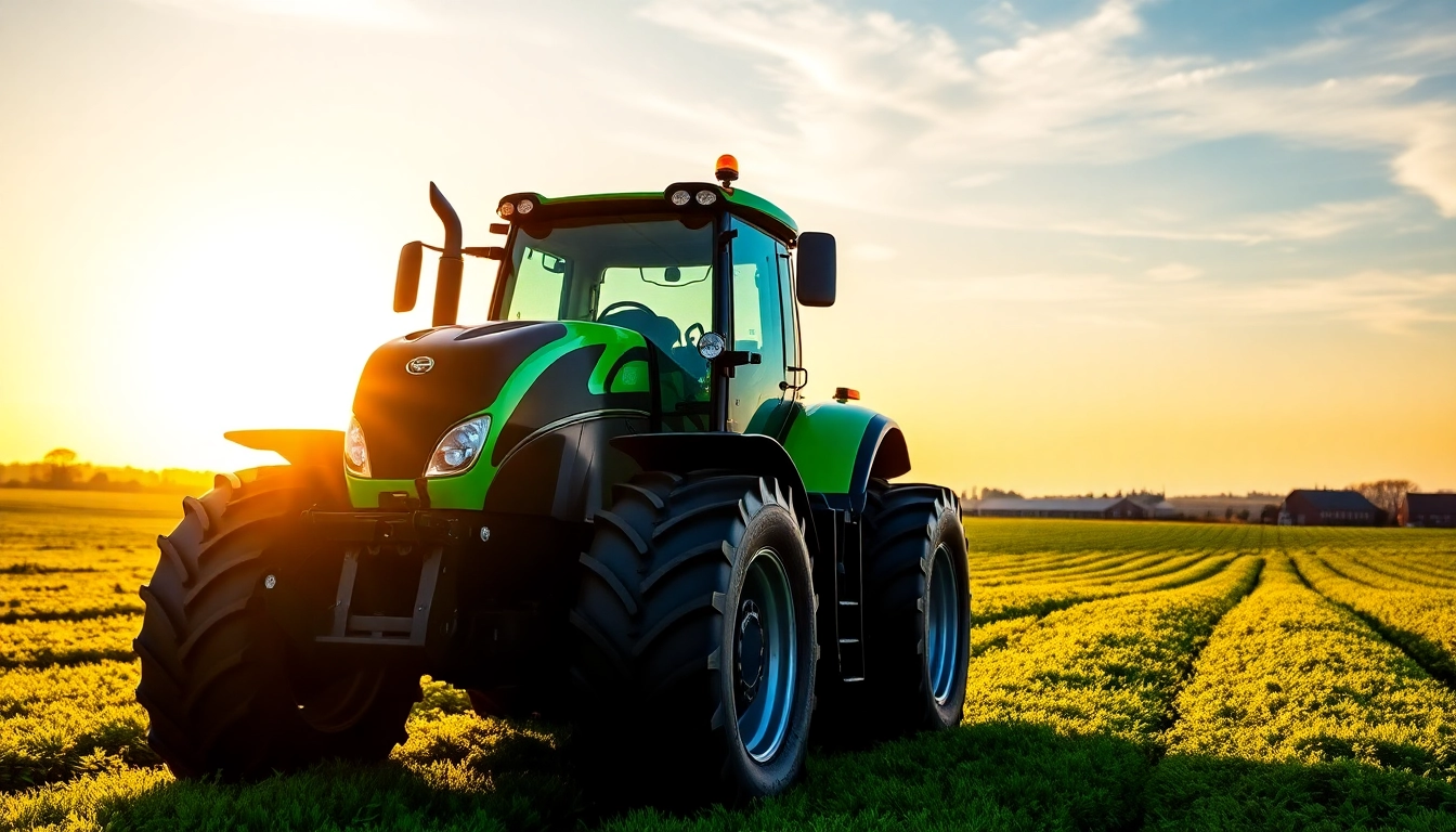 Deutz Fahr Traktor in einem landwirtschaftlichen Umfeld mit leuchtendem Himmel und grünen Feldern.