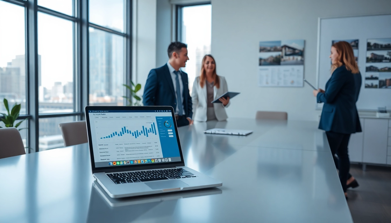 Engaging rental property management office scene showcasing professional interaction and analytics.