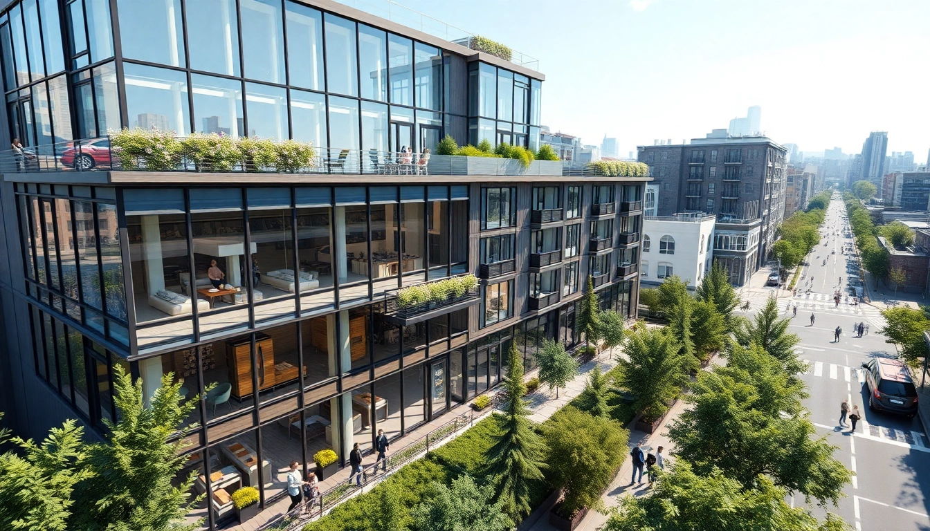 Architekturvisualisierung eines modernen Wohngebäudes mit lebendiger Umgebung und natürlichem Licht.