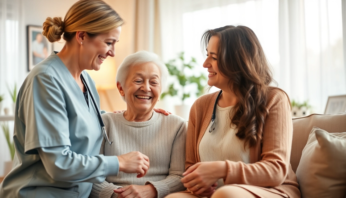 A vibrant scene of senior care austin tx showcasing caregivers warmly assisting elderly individuals in a home setting.