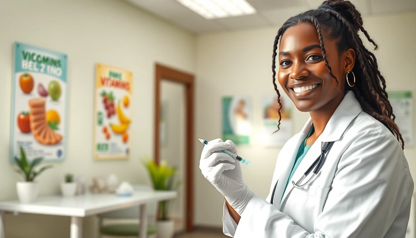Administering b12 shots in a bright medical office with professional care.