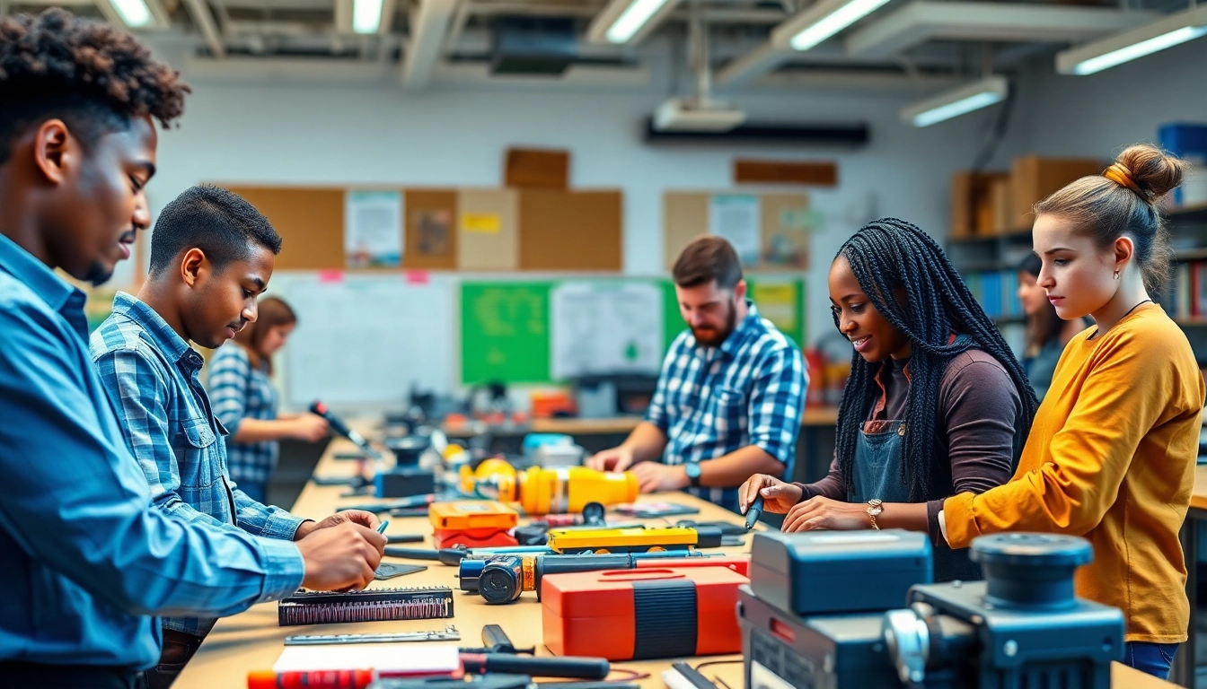 Students engaged in hands-on training at a trade school in Tennessee, showcasing collaboration and learning.