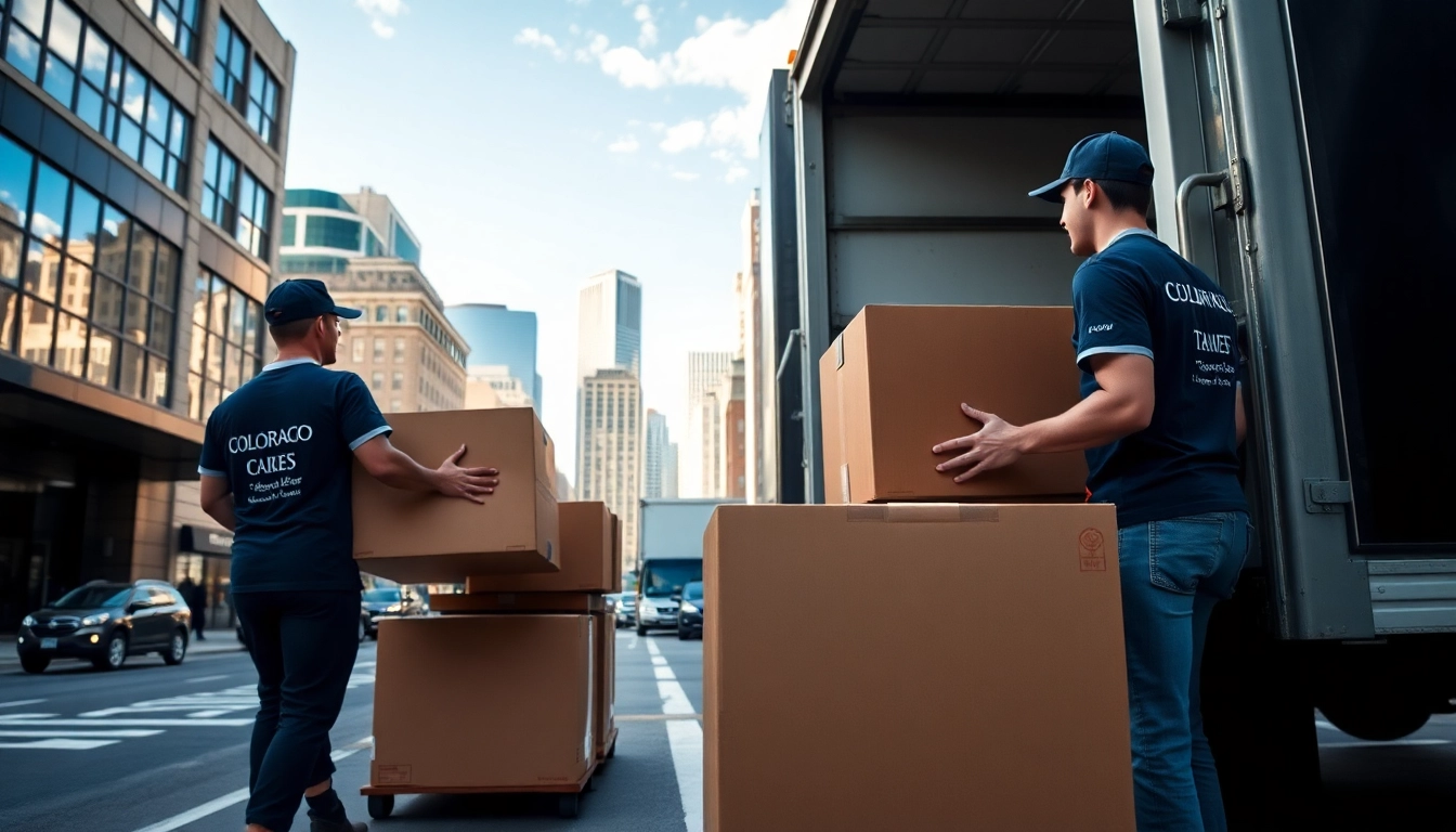 Colorado movers efficiently loading items onto a truck in a bustling city setting.