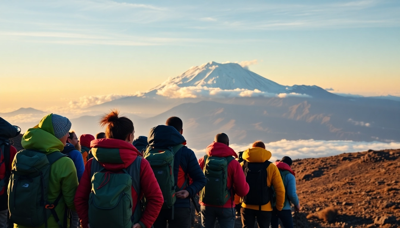 Climbers in Kilimanjaro Climbing Groups scaling Mount Kilimanjaro at sunrise.
