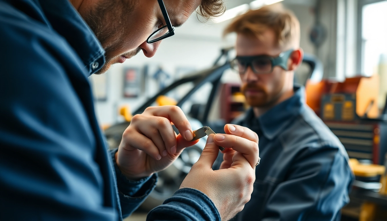 Locksmith crafting replacement keys for lost car keys in a workshop.