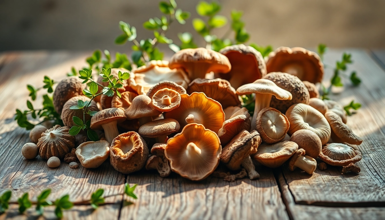 Highlighting Mushroom Complex with diverse mushrooms on a rustic wooden surface, inviting health benefits.