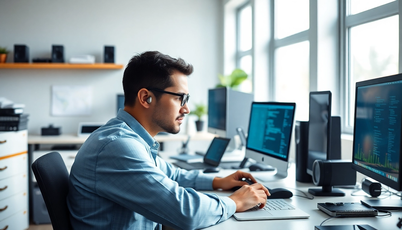 Get reliable computer help near me with a technician troubleshooting a laptop in a modern workspace.