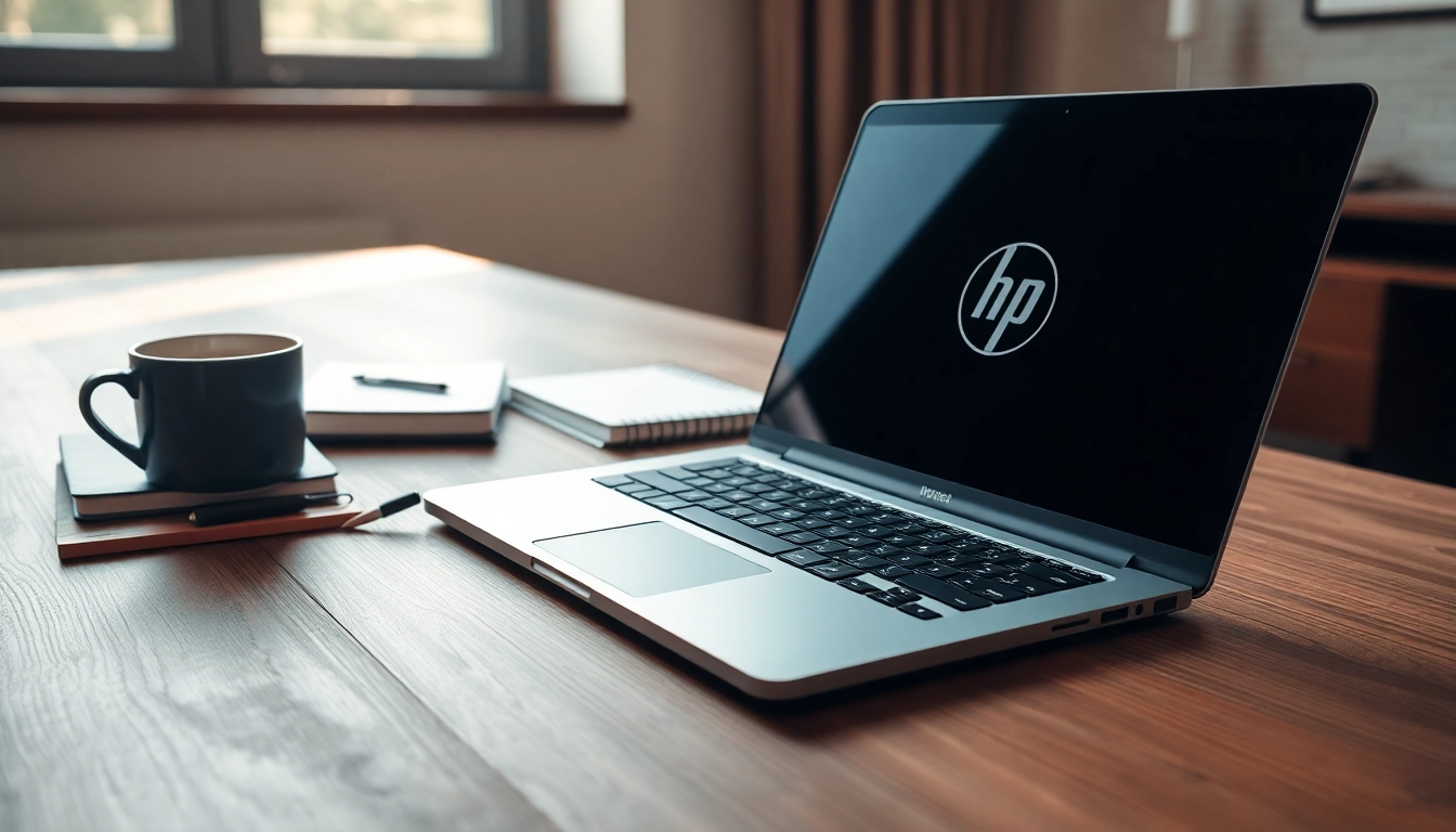 Showcase an HP Laptop with a modern design on a stylish wooden desk, ready for work.
