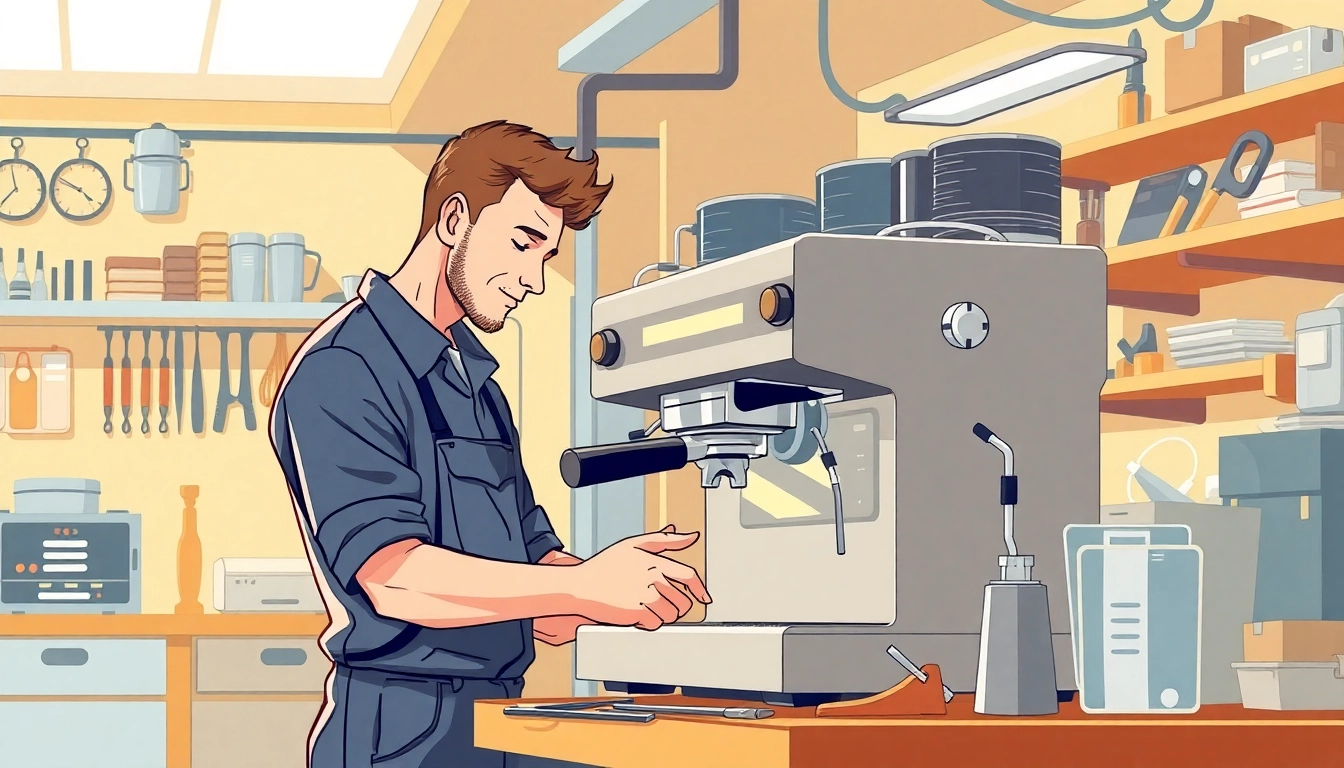 Cimbali service technique showcased by a technician repairing an espresso machine in a professional setting.