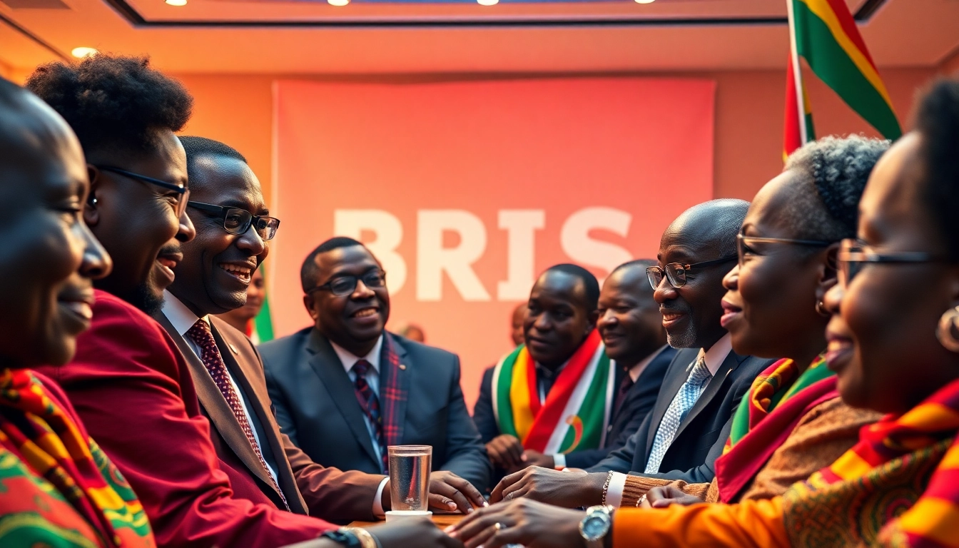 Analyze BRICS Afrique by showcasing engaged leaders at a summit promoting international collaboration.