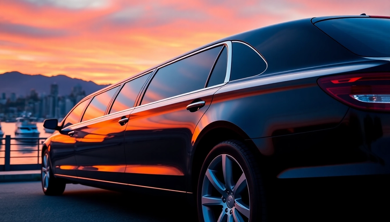Experience premium car service Vancouver BC with a luxurious limousine against a stunning skyline.