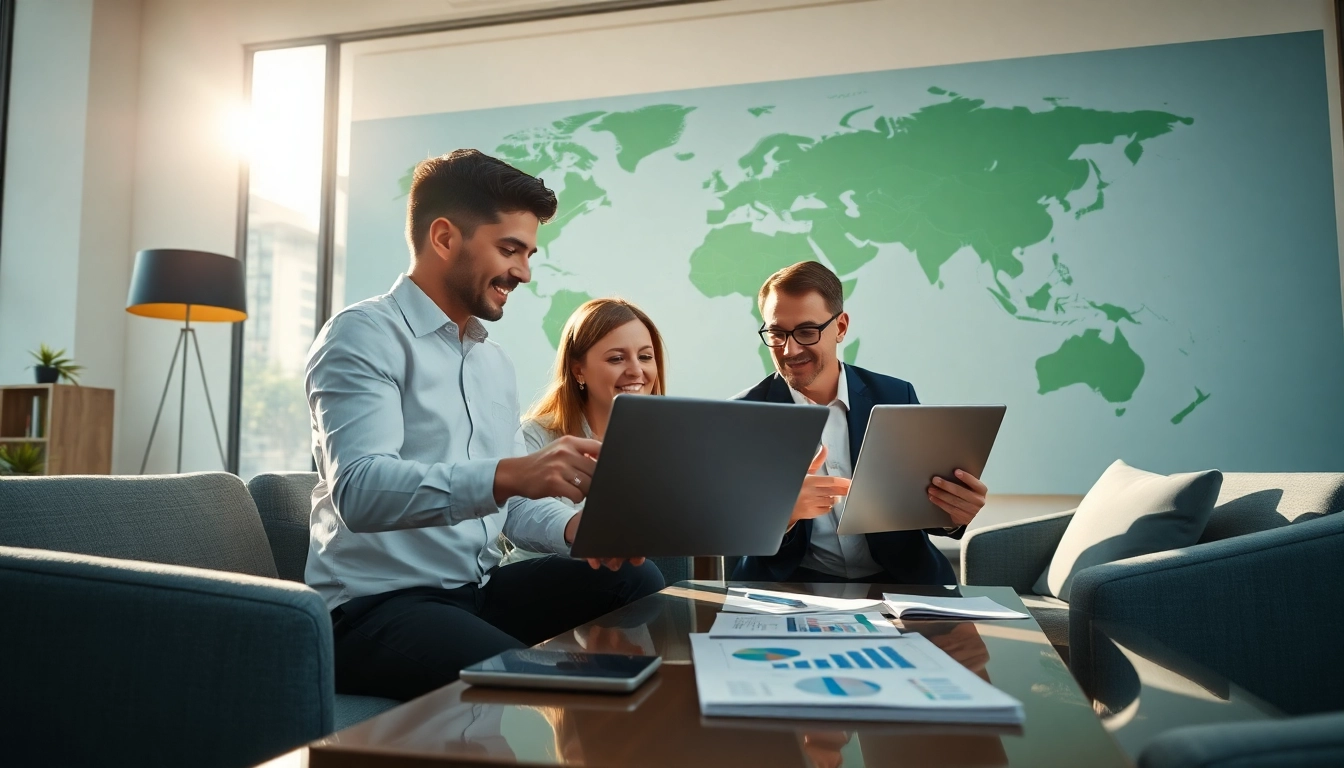 Investors engaged in international real estate investing in a modern office setting