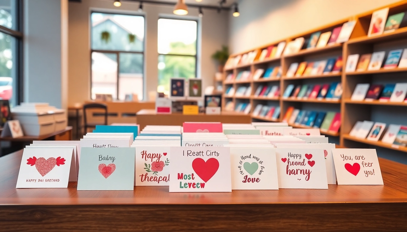 Browse vibrant same day greeting cards displayed creatively on a tabletop in a store setting.