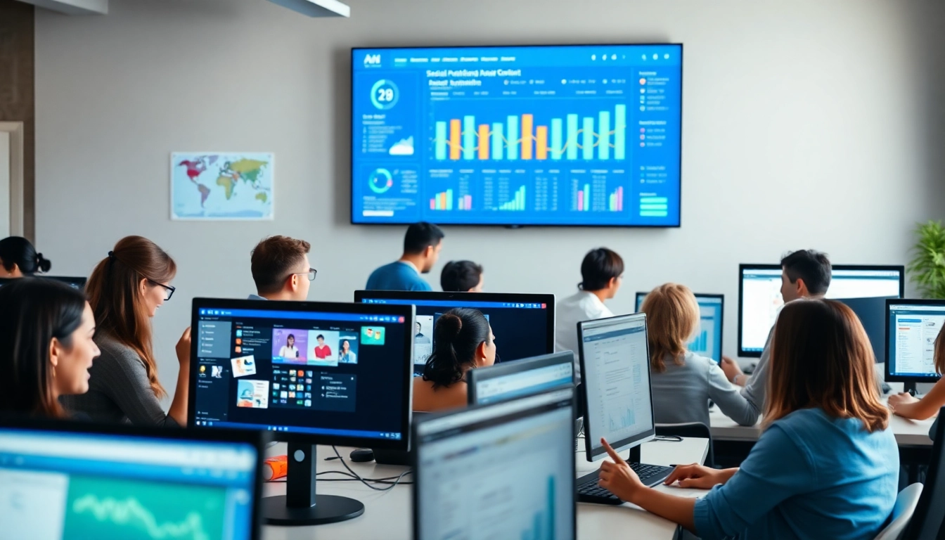Engaging professionals utilizing social media and blog automation tools in a dynamic workspace.