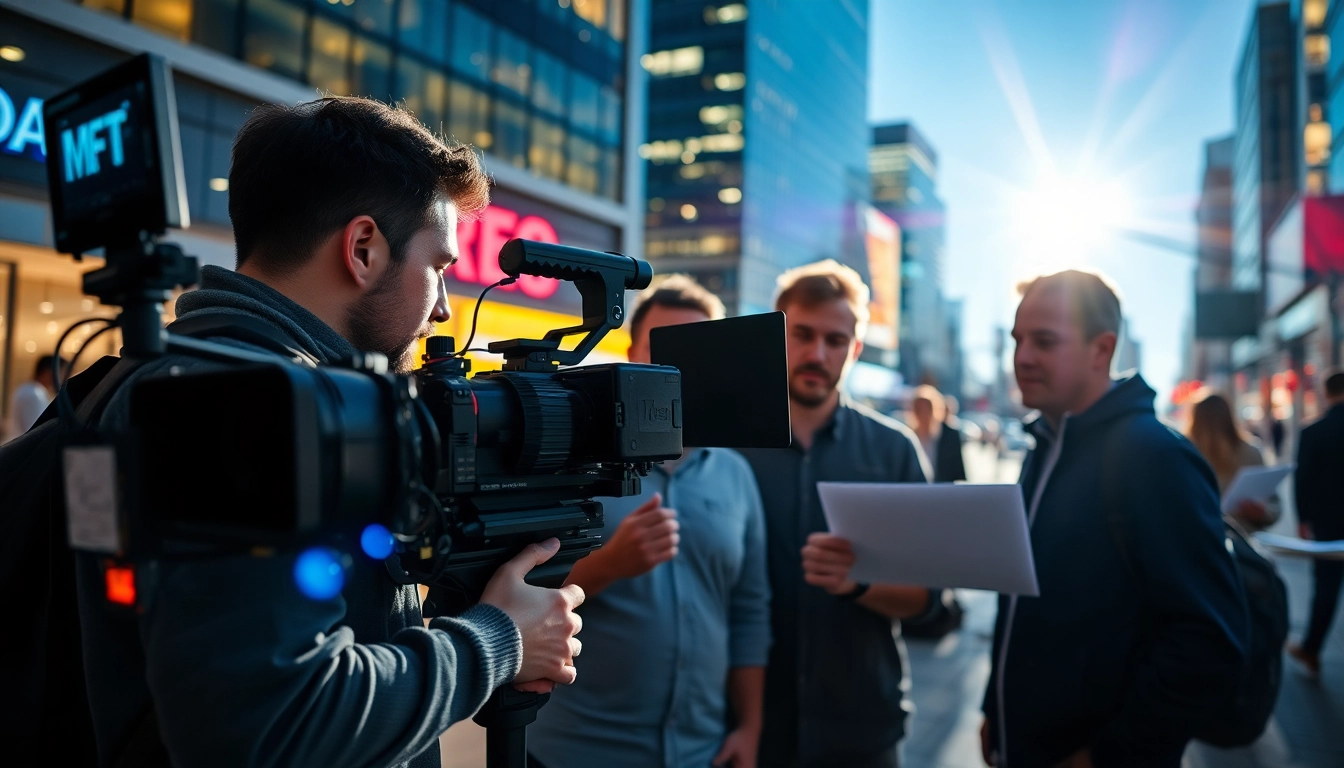 Video production edmonton team successfully filming a project in a vibrant urban setting.
