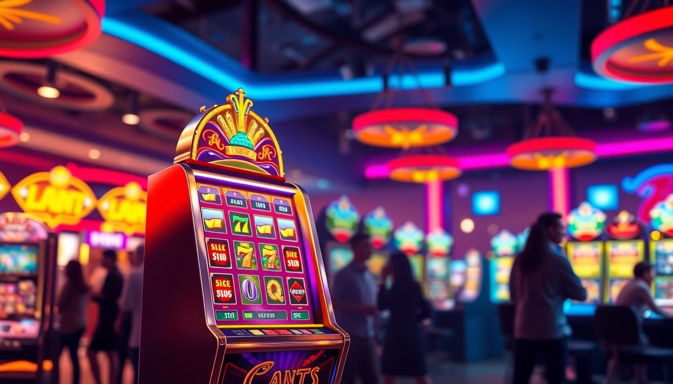 Mesin game slot yang menarik dan berwarna-warni dalam suasana kasino yang hidup