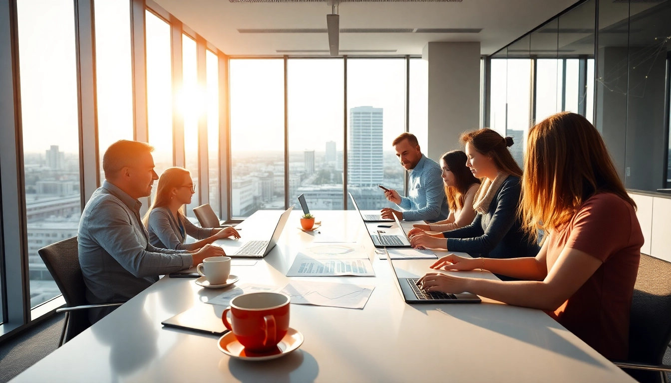 Een professioneel online marketing bureau den bosch dat teamwerk en innovatie uitstraalt in een moderne kantooromgeving.