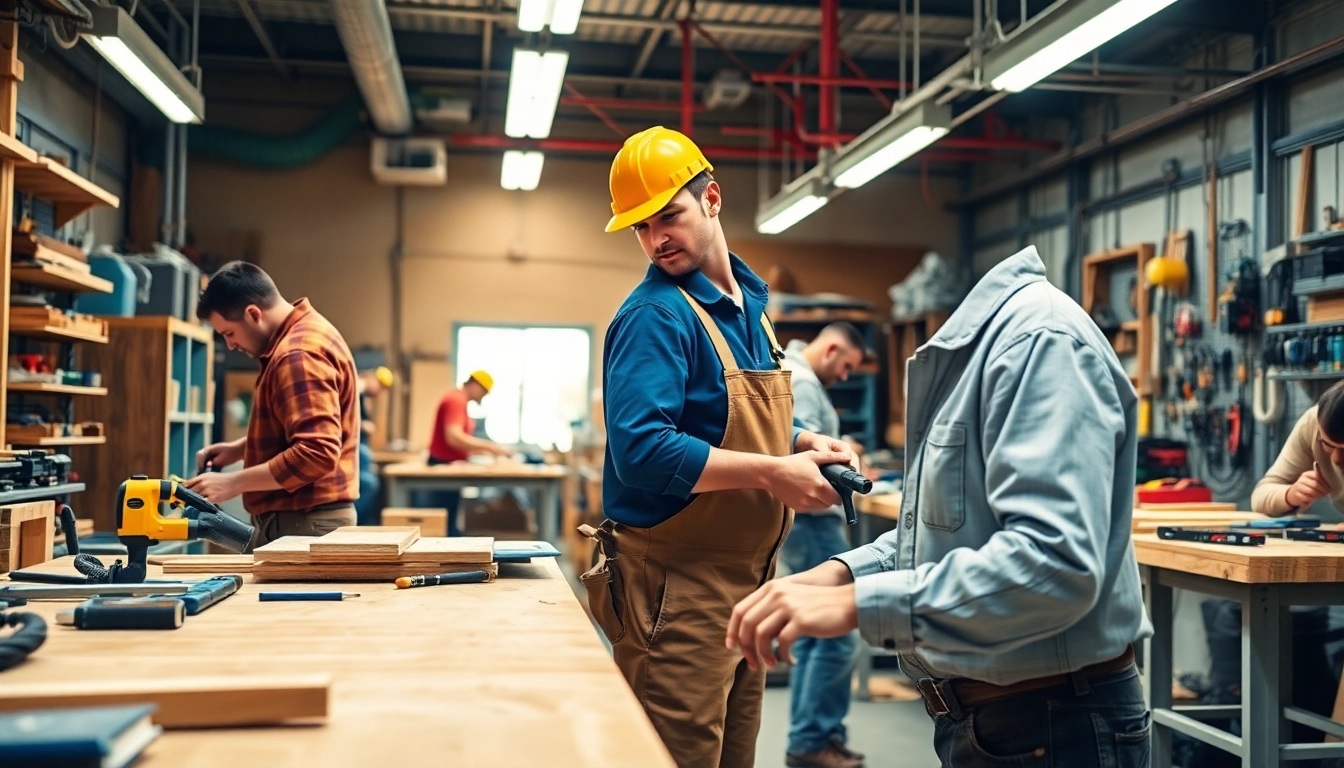Explore trade schools oahu featuring skilled tradespeople engaged in carpentry and plumbing activities.