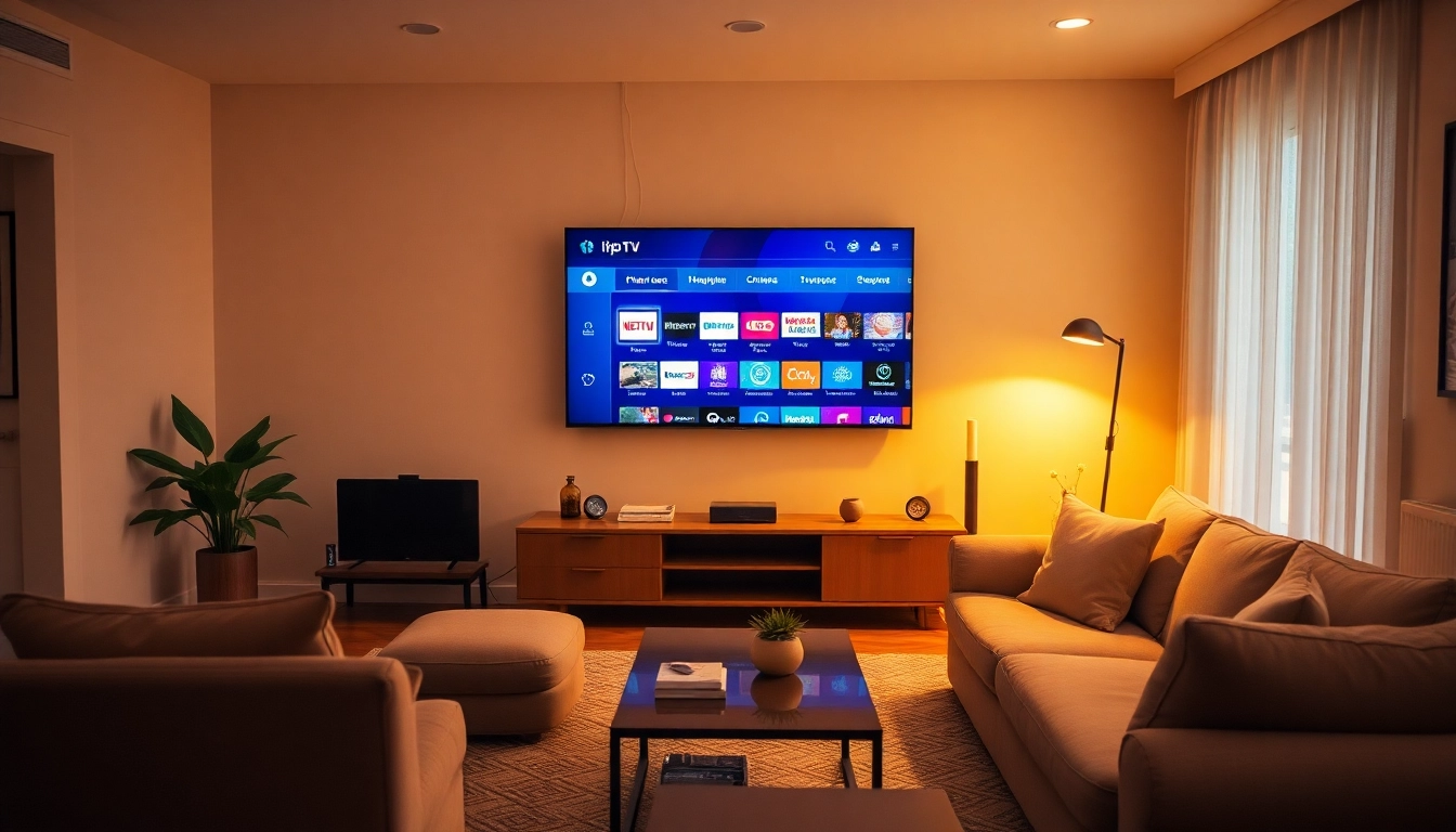 Profitez de l'iptv service dans un salon moderne avec une télévision intelligente.