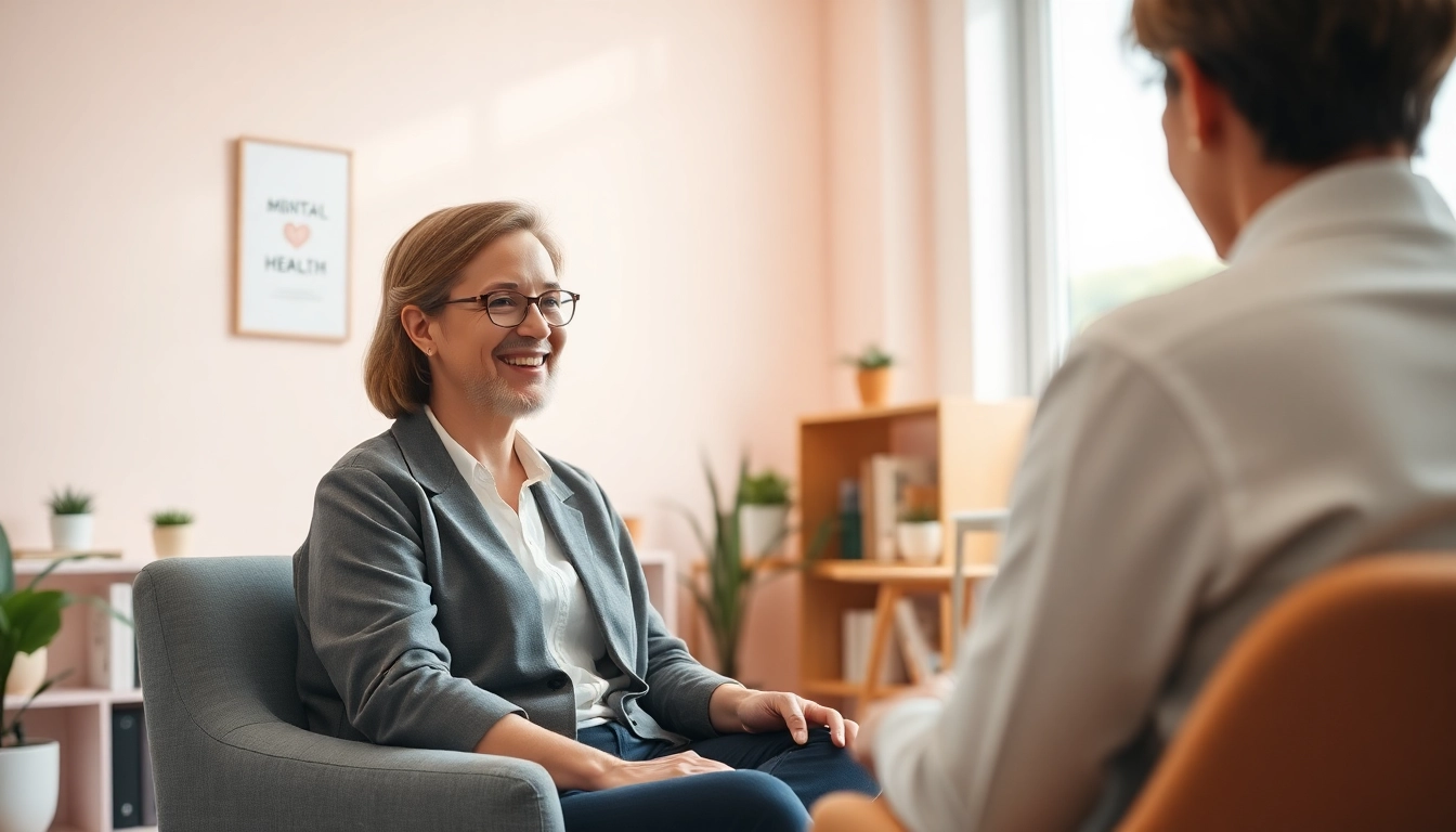 Psychologist engaged in therapy session with a client in a cozy and inviting room.