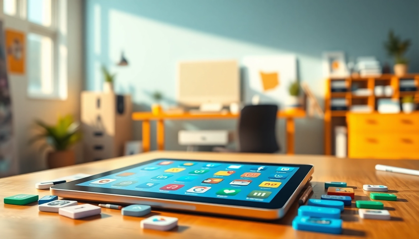Stylish digital Icons displayed on a tablet in a creative workspace.