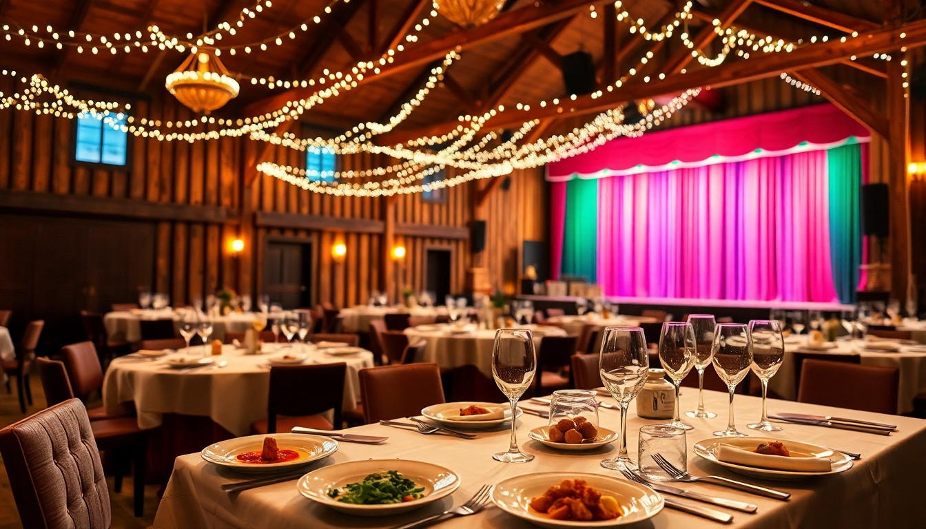 Captivating barn dinner theater 2024 schedule dining setup with cozy ambiance and gourmet meal.