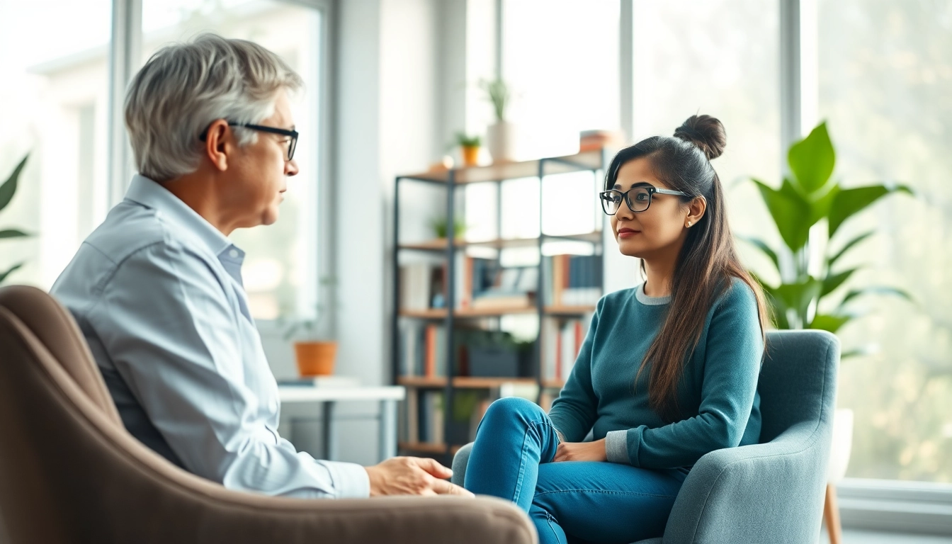 Psychologist engaging in a conversation with a client in a serene office environment.