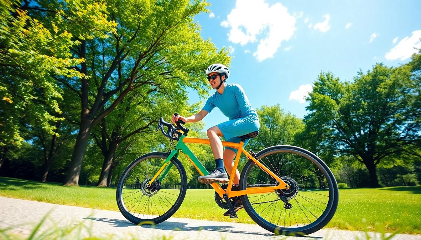 Enjoy bike hire near me with a cyclist in a bright park, ready for adventure.