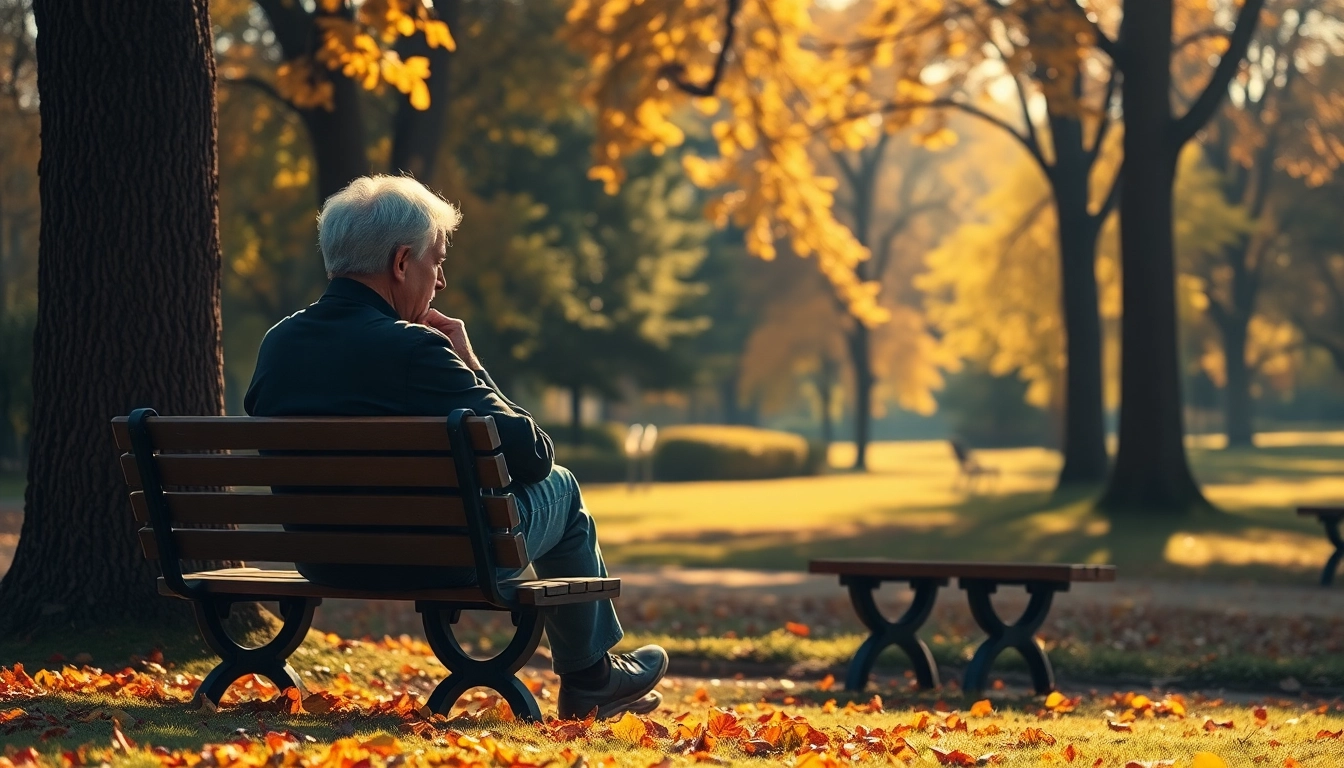 Person reflecting in a park while dealing with grief, surrounded by autumn leaves.