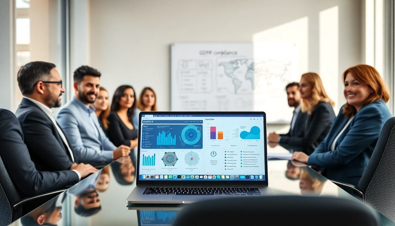 Engaging discussion on GDPR AI compliance in a professional meeting setting with data visualizations.