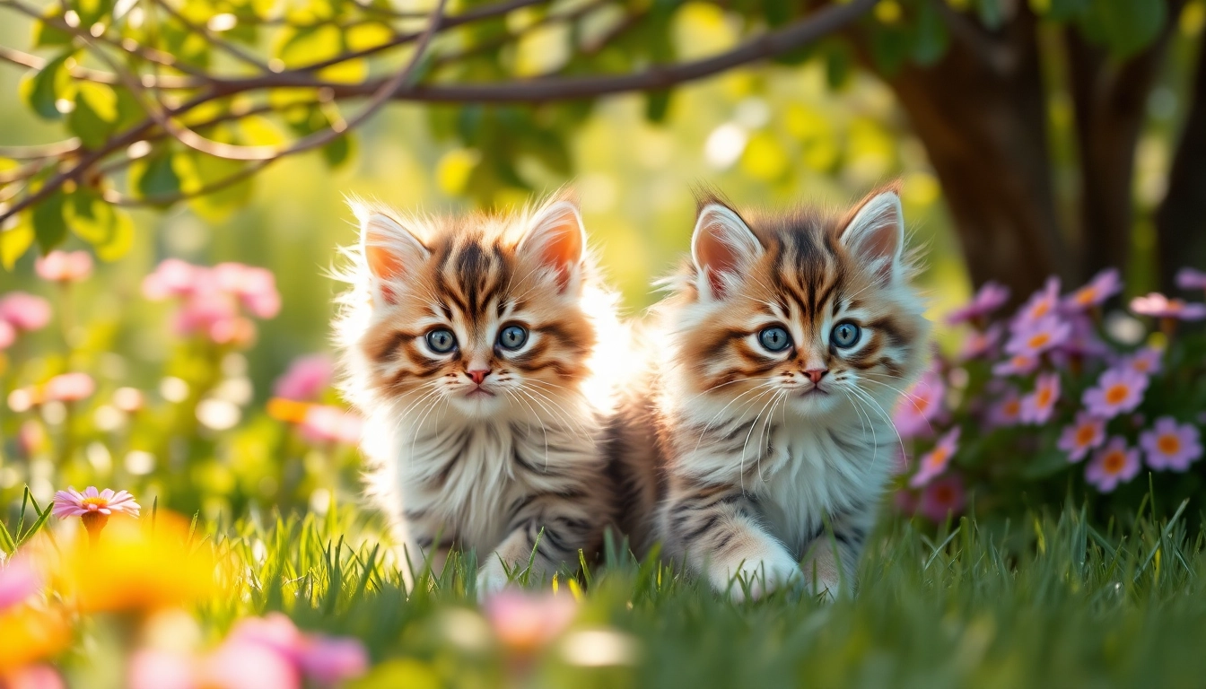 Playful Maine Coon kittens for sale in a sunny garden filled with colorful flowers.
