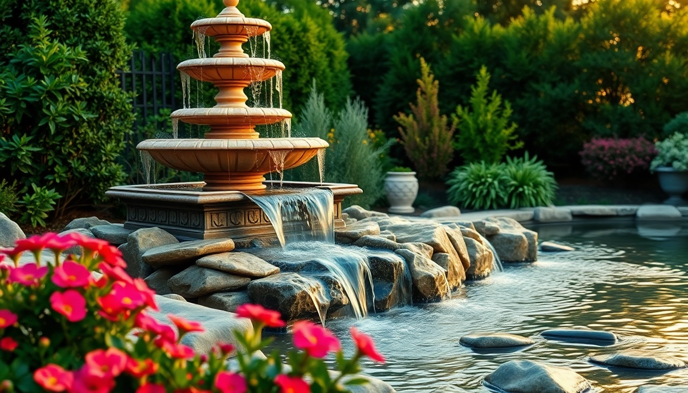 Fountain decoration séduisante dans un jardin avec des fleurs colorées.
