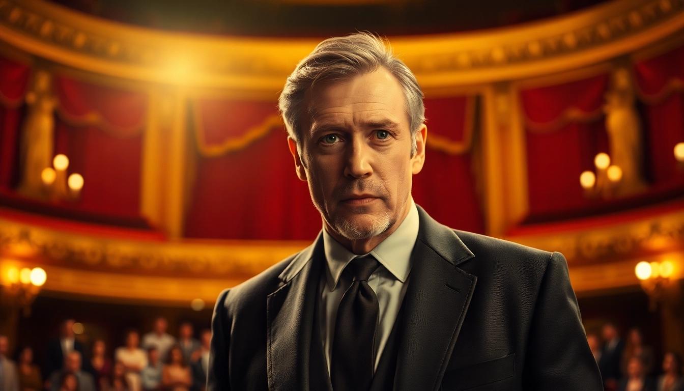 James Broadbent captivatingly portrays a character on stage in a theater setting.
