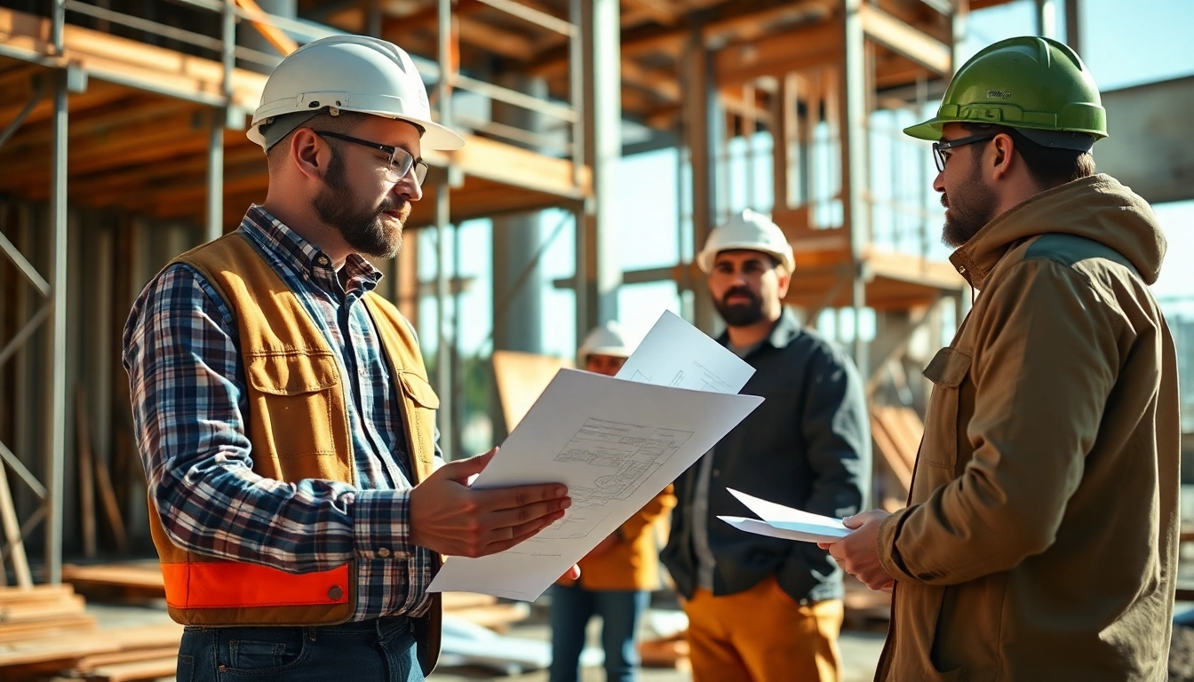 New Jersey General Contractor reviewing construction plans at a site with scaffolding.